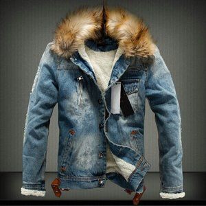 Winter Mens Denim Jackets Fleece Thick Warm